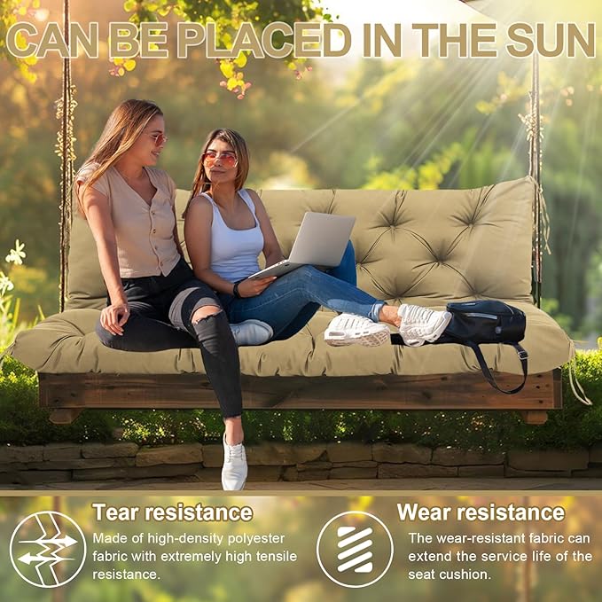 Premium 5"Thick Waterproof Outdoor Swing Cushions Sturdy Durable 2-3 Seat Replacement Porch Swing Cushions with Backrest&Ties Bench Cushion for Outdoor Furniture Backyard Patio(Khaki 60x40in)