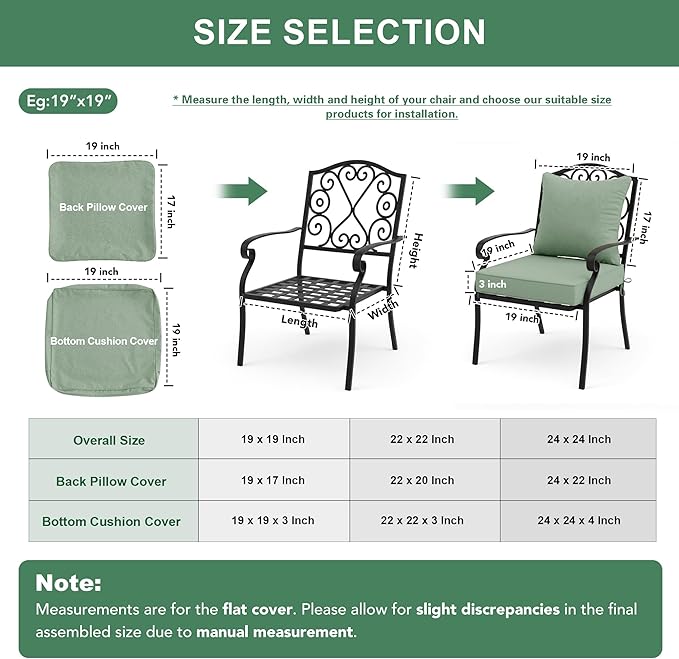 Summsun Outdoor Cushions for Patio Furniture, Faux Linen Water Resistant Backrest and Deep Seat Cushion Set with Removable Cover, Straps, Non-Slip Bottom, 24 x 24 Inch, Sage Green, Set of 4