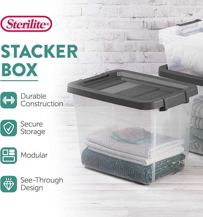 Sterilite Modular Stacker Box with Latching Lid, 30 Quart, 6-Pack