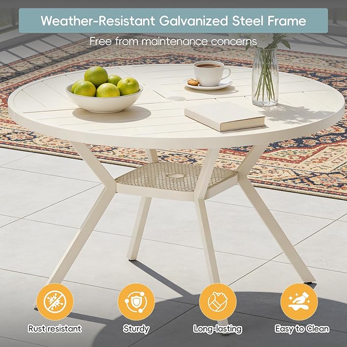 47" Outdoor Patio Table Dining Table, All Weather Metal Round Patio Table with Adjustable Umbrella Hole, Patio Furniture for Lawn Garden Backyard, Sandshell