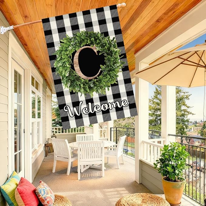 Baccessor Monogram Letter C Garden Flag 28 x 40 Inch, Buffalo Plaid Family Last Name Initial Boxwood Wreath Welcome Vertical Double Sided Large Flags for Outdoor Outside Decoration