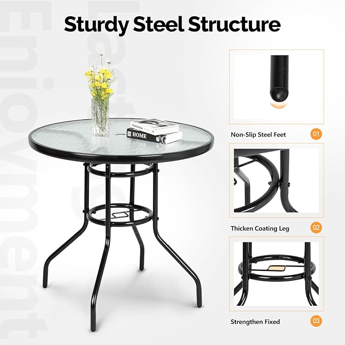 VINGLI Round Patio Table with Umbrella Hole, 32" Outdoor Dining Table Steel Tempered Glass Patio Tables Round Outdoor Tables for Balcony Garden Deck
