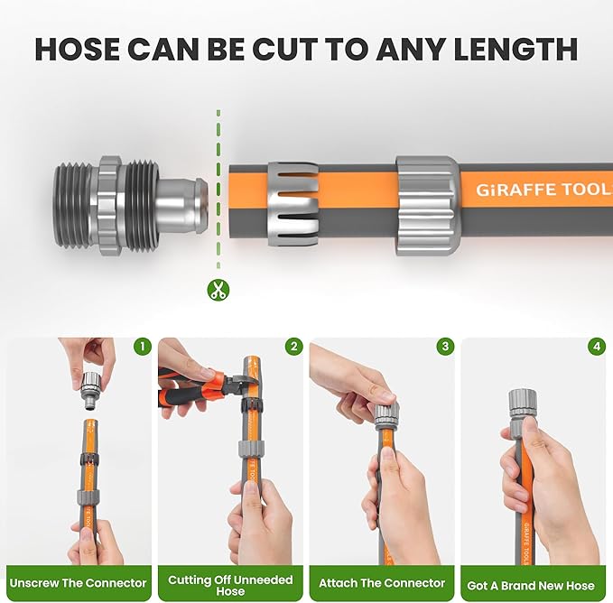Giraffe Tools 25FT Garden Hose, 5/8" Lightweight Lay Flat Water Hose, No-Kink, Flexible Gardening Hose with Male to Female Aluminum Fitting, Customizable-Length Hose Pipe for Yard