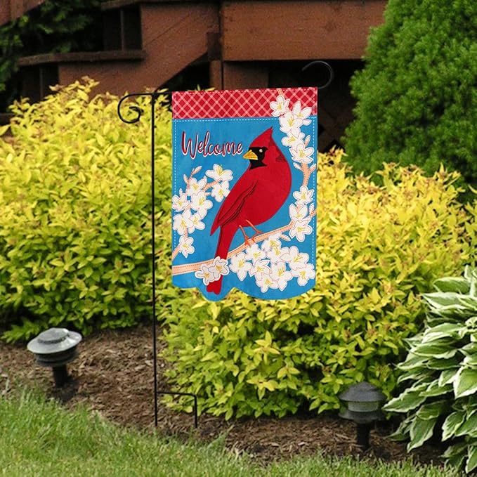 Spring Cardinal Welcome Burlap Garden Flag Floral 12.5" x 18" Briarwood Lane