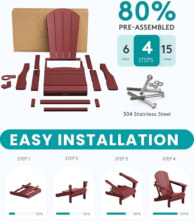 SERWALL Foldable Adirondack Chair Set of 4, Weather Resistant HIPS Patio Chairs with Cup Holder for Patio Garden Outdoors Fire Pit Chairs- Red