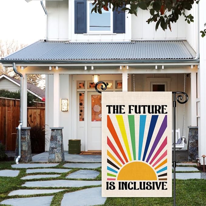 The Future Is Inclusive Garden Flag, Hope Liberal Pride Garden Flag for Outside, Rainbow Social Justice Ally Double Sided Farmhouse Porch Yard Sign, Housewarming Gifts for LGBTQ Family Neighbor