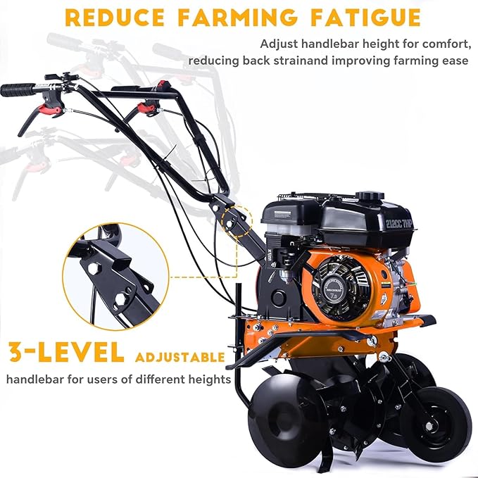 212cc 4-Cycle 7HP Gas Powered Tiller Cultivator - 22" Heavy-Duty Steel Tines Rototiller, Adjustable Wheels and Handle, Forward/Reverse for Plowing, Tilling, Weeding in Garden, Farm (Light Orange)