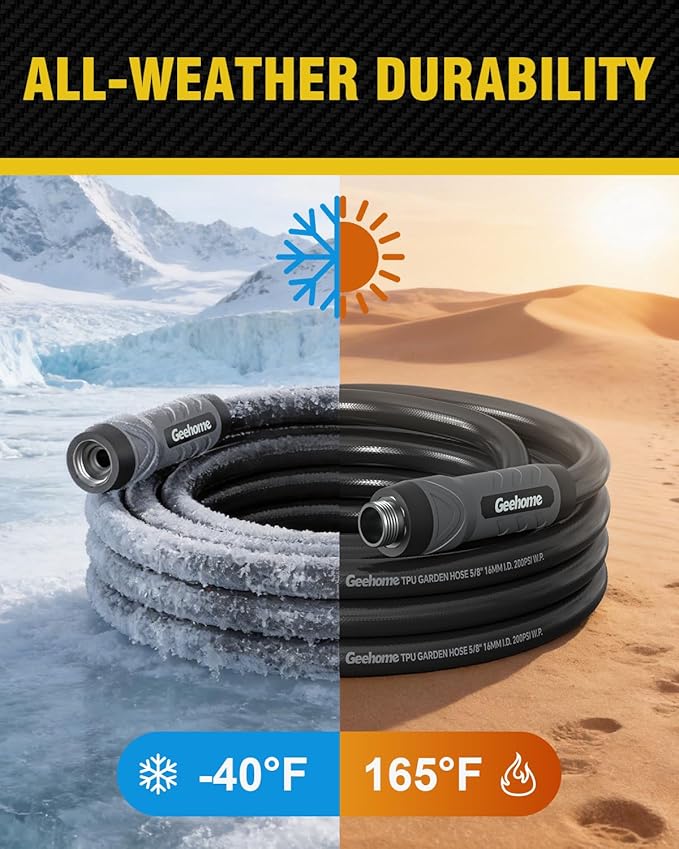 25ft Polyurethane Garden Hose, 5/8 in Lightweight Flexible Water Hose with Swivel Fittings, All-Weather, No-Kink Memory, Commercial Duty, Perfect for Home and Commercial Applications
