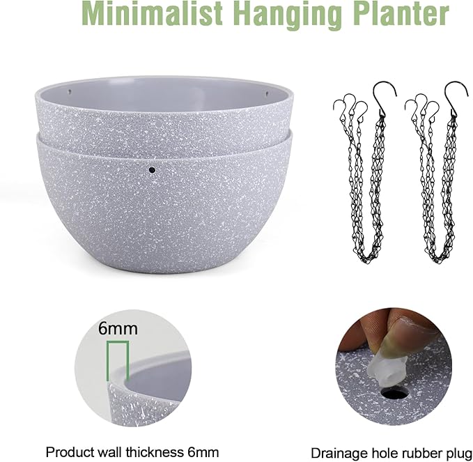 Meowell 8 inch Small Hanging Planters for Indoor Outdoor Plants, 2 Pack Hanging Flower Pots with Drainage Holes and Chain for Garden Porch, Plastic Hanging Baskets for House Plants, Speckled Grey