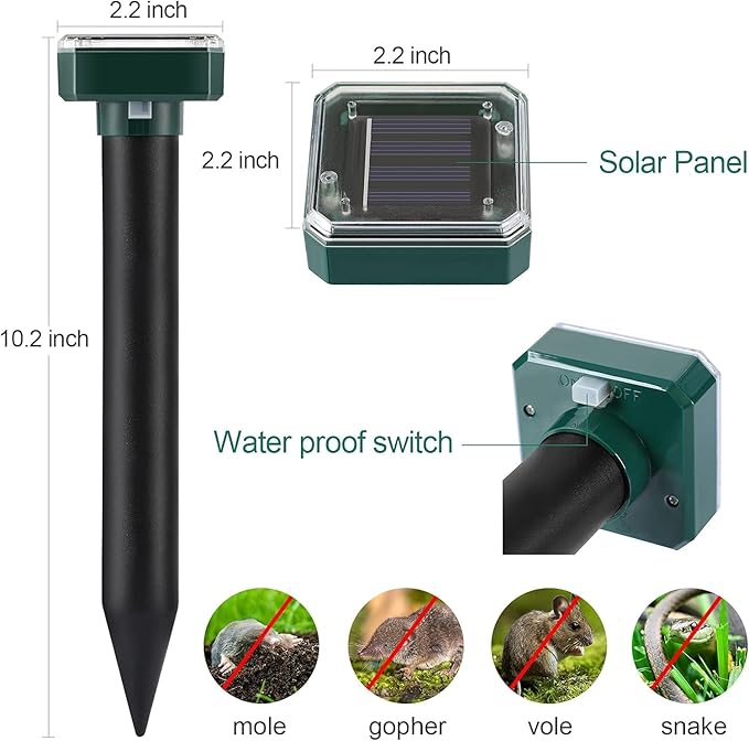 Mole Repellent Solar Powered, Waterproof Vole Chipmunk Repellent Outdoor,Ultrasonic Gopher Repellent for Lawn Garden, Mole Deterrent,Groundhog Repeller, Snake (8 Packs)