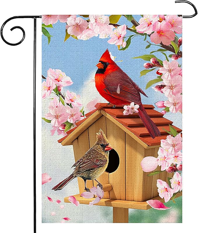 Spring Cardinal Bird Garden Flag 12x18 Inch Double Sided Burlap Outdoor Flag Decorations Pink Flowers Tree Summer Farmhouse Holiday Outside Decorations Burlap Yard Flag