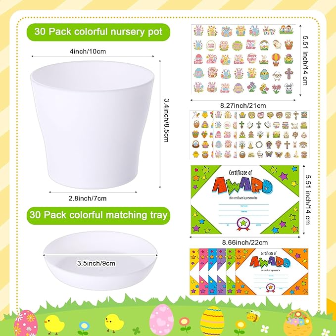 Domensi 30 Pack Garden Pot Craft Kit 4 Inch DIY Happy Easter Crafts for Kids Bulk Small Plastic Spring Flower Plant Pot Plastic Planter with Tray Drainage Holes with Tag, Certificate of Award, Sticker