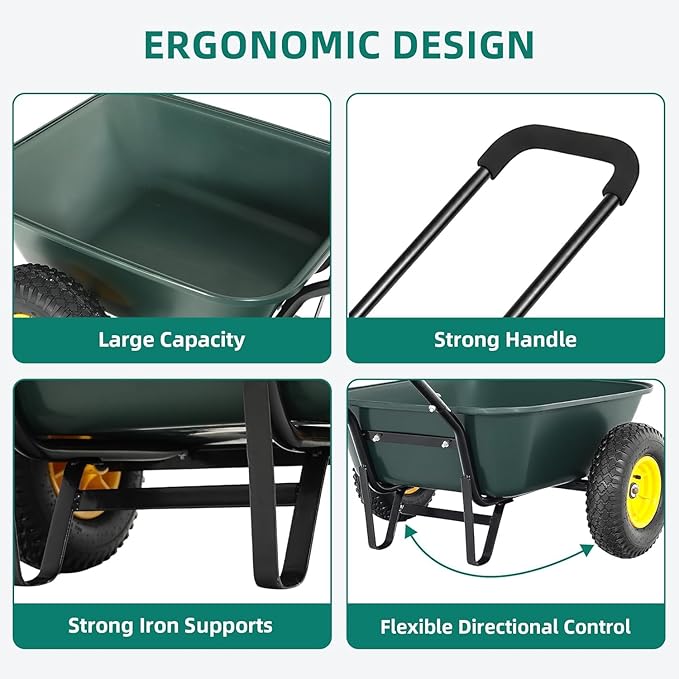 2 Wheel Wheelbarrows, Dual-Wheel Garden Dump Cart with 10" Non-Slip Pneumatic Tires & Ergonomic Padded Handle, Heavy-Duty Utility Yard Cart Wagon with 3 Cu Ft Capacity for Lawn, Gardening,Farm