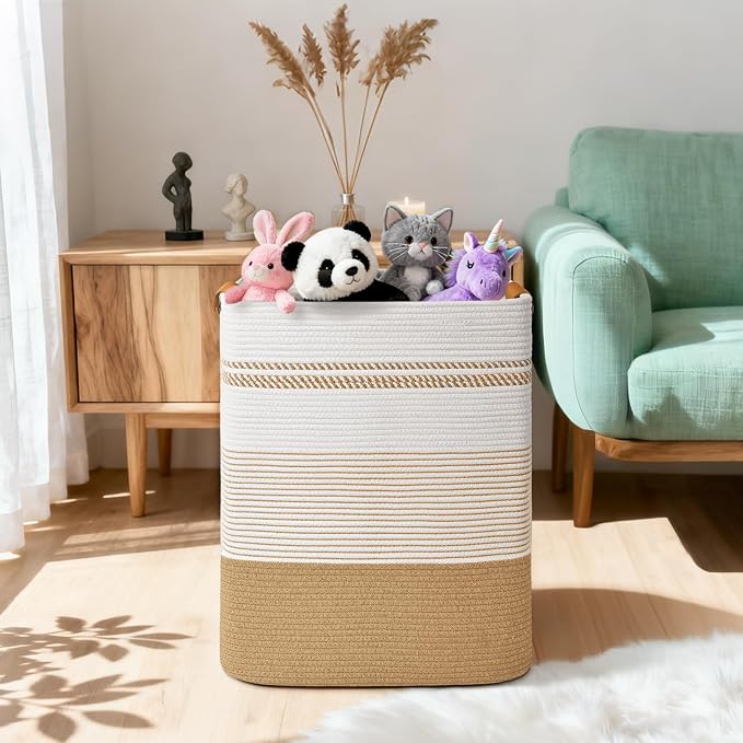Laundry Hamper, 105L Tall Laundry Basket with Leather Handles, Rectangle Large Clothes Hamper for Organizing, Cotton Woven Laundry Baskets Storage Hampers for Bedroom, Nursery, Living Room