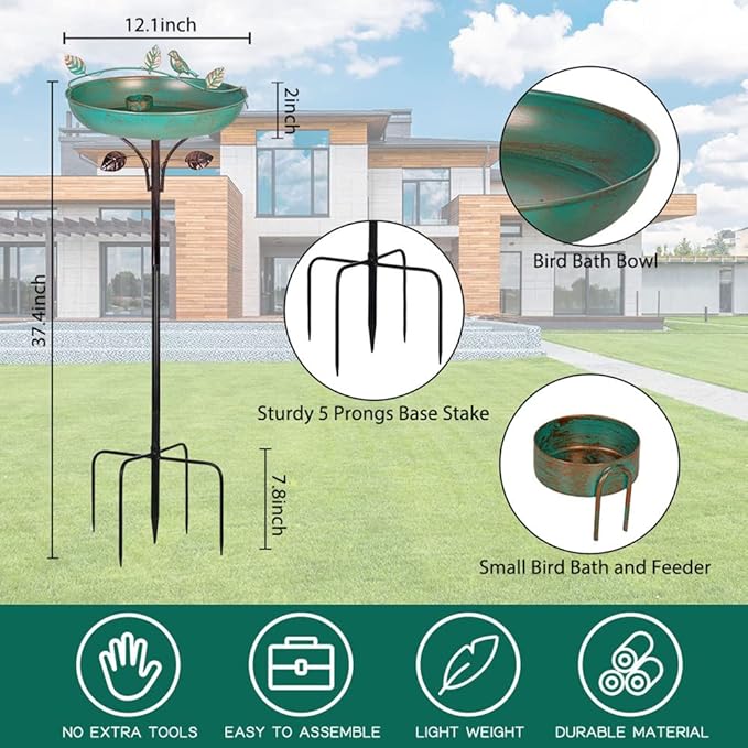 DREAMSOUL 5 Prongs Base Bird Bath with Metal Stake, Garden Bird Bath for Outdoors Tall Bird Bath Cast Iron Freestanding & Lightweight Bird Bath(37.4" H x 12.1" W)