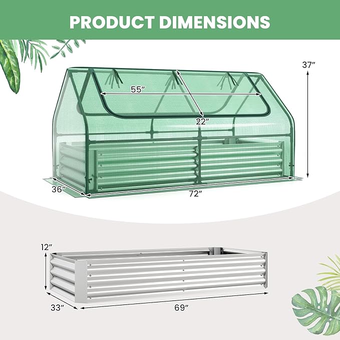 HAPPYGRILL Raised Garden Bed with Cover, Outdoor Planter Raised Bed w/2 Large Zipper Mesh Screen Windows, Galvanized Metal Planter Box for Gardening, Flowers, Vegetables (Green & Silver)
