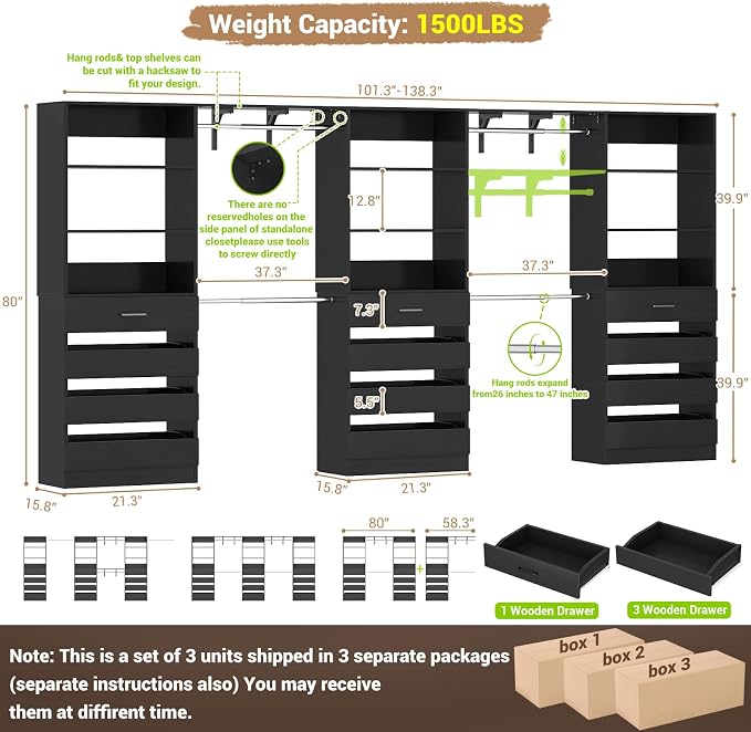 Aheaplus Closet System, 138.5" Closet Organizer with 12 Drawers & 4 Rods