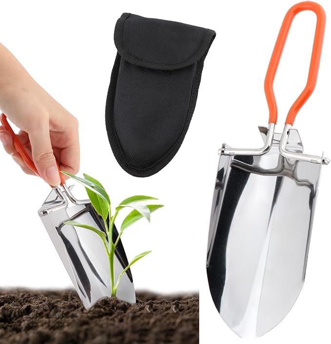 Folding Camping Shovel, Mini Lightweight Garden Shovel, Stainless Steel Hiking Trowel Entrenching Tool, Digging Shovel with Carrying Pouch, for Planting, Transplanting, Weeding, Digging Soil(8.8inch)