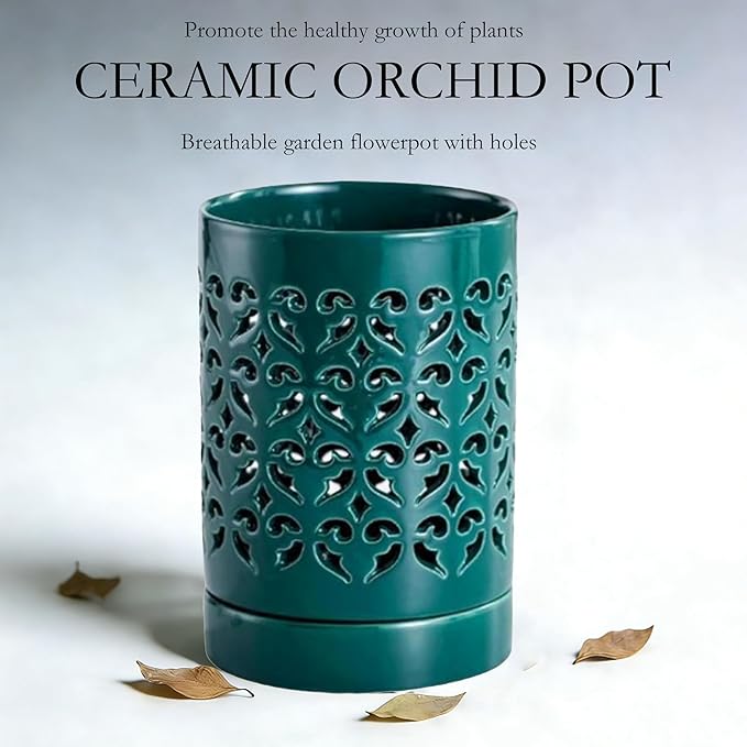 4 Inch Ceramic Orchid Pots with Holes, Breathable Garden Planter with Saucer Promotes Air Circulation for Healthy Plant Growth