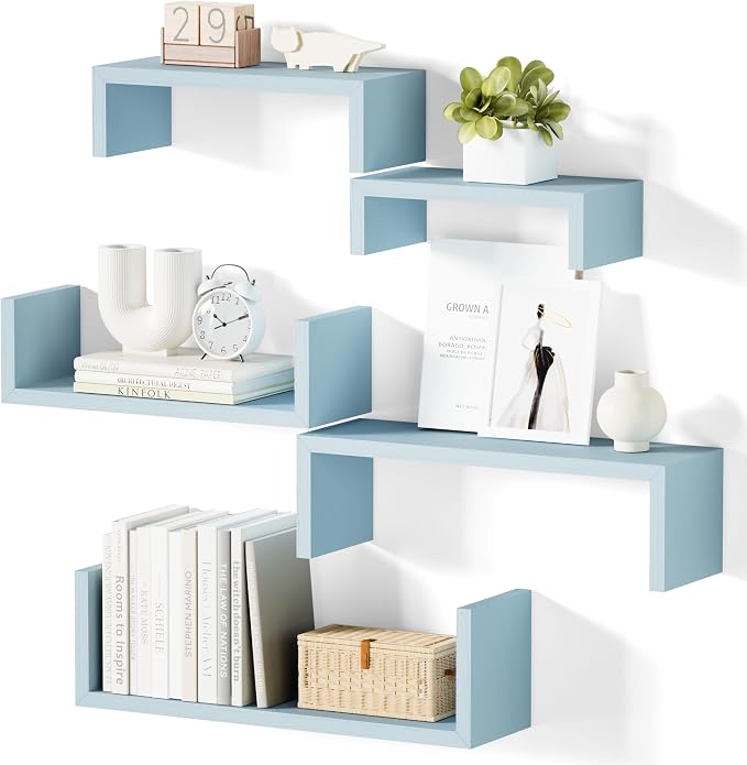 SRIWATANA Blue Floating Shelves, Set of 5 Wood Wall Mounted Display Shelf | Versatile Wood Shelves in 5 Different Sizes; Flexible DIY Layout to Fit Any Space in Bathroom, Bedroom, or Kitchen