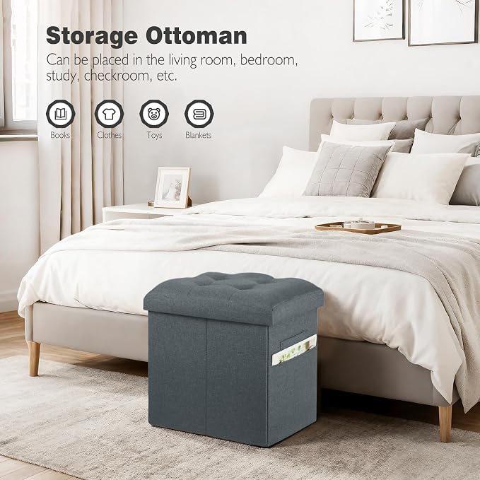 Storage Ottoman, Upgraded 17" High Folding Linen Foot Rest Dark Grey | Small Ottoman Bench with Thicker Foam Padded Seat. Foot Stools Ottoman for Dorm Bedroom with Side Pocket & Handles 17x13x13in