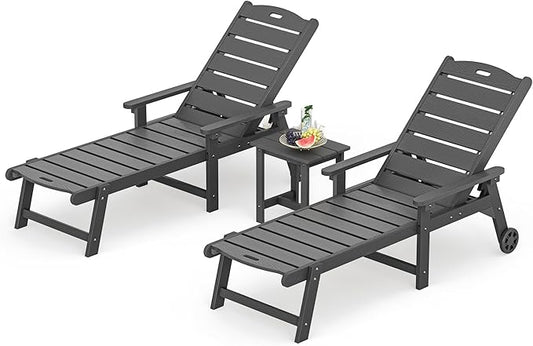 LUE BONA Chaise Lounge Chair with Table, 3-Piece, HDPS Chaise Lounger, 5 Positions Adjustable Lounge Chairs, Pool Lounge Chair with Wheels for Poolside, Backyard, Dark Gray