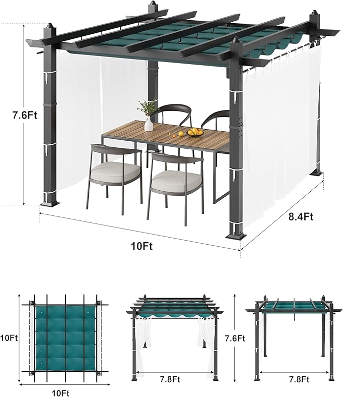 GarveeTech 10x10 ft Pergola Gazebo with Adjustable Canopy, Heavy-Duty Aluminum Sun Shelter with Faux Wood Finish for Outdoor Patio, Deck & Garden, Blue+White