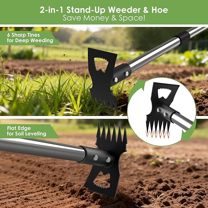Weed Puller Tool with Long Handle, Stand Up Weeder with 63" Telescoping Handle, 2-in-1 Manual Weeder Remover & Garden Hoe, 6 Sharp Tines for Crack Weeding and Root Removal