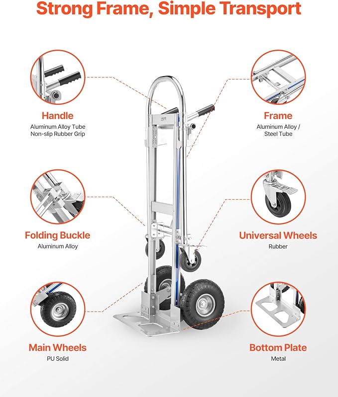 VEVOR 2 in 1 Hand Truck, 1000 lbs Load Capacity for 4-Wheel Mode, Convertible Hand Truck Dolly with Non-Slip Handle & Wheels, Portable Trolley Dolly for Moving Home, Office, Warehouse, Supermarket