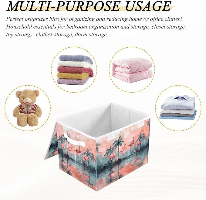 senya Large Storage Bins with Linen Collapsible Foldable Storage Cubes Fabric Closet Organizer Containers Box with Flip-Top Lid Home Bedroom Office 16.7 x 12.6 x 11.8in (Lovely Flamingos Palm Trees)