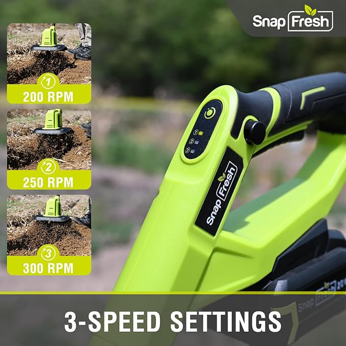 SnapFresh 20V Cordless Tiller Cultivator, 4.0Ah Battery & Fast Charger Included, 300 RPM Electric Garden Rototiller, 9” Width 6.6” Depth, 3-Speed Lightweight Handheld Soil Tiller with Steel Tines