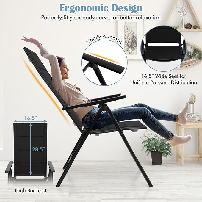 Tangkula Patio Folding Chair, Outdoor Dining Chairs with Soft Padded Seat, 7-Position Adjustable Backrest, Armrests, Portable Sling Reclining Chairs for Porch Pool Backyard Camping (1, Black)