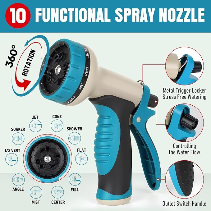 Heavy Duty Garden Hose 50 ft, NON-EXPANDABLE Water Hose with 10 Function Spray Nozzle, Lightweight Kink-less Hybrid Hose with Swivel Handle, Male to Female Fittings
