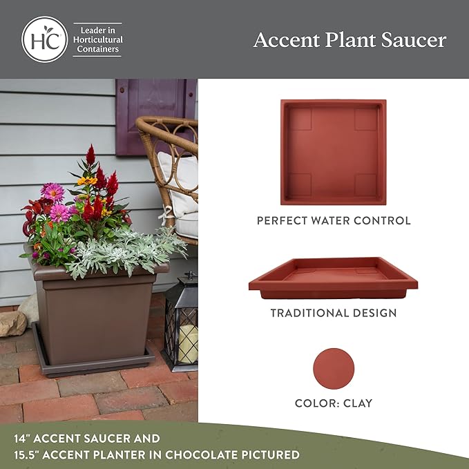 The HC Companies 11 Inch Accent Square Plant Saucer, Lightweight UV-Resistant Plastic Outdoor & Indoor Flower Pot Tray, 2-Pack Plant Pot Trays for Garden & Home Decor, Clay