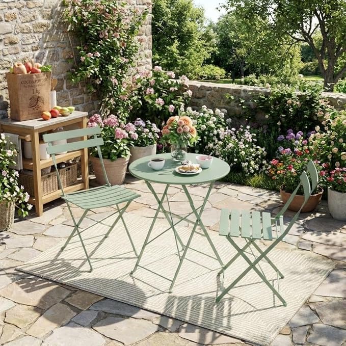 Garvee 3-Piece Folding Bistro Set Outdoor Patio Furniture, Space-Saving Foldable Chairs & Table with Heavy-Duty Powder-Coated Steel Frame, No Assembly Required, for Garden, Balcony, Backyard, Green