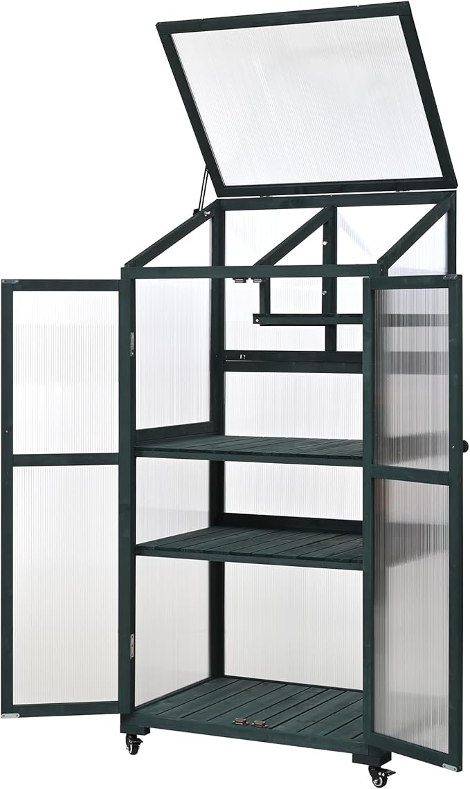 62'' H Wood Greenhouse for Outdoors, Portable Cold Frame Greenhouses with Wheels & Adjustable Shelves for Indoor, Garden, Patio Balcony,Easy Assembly,Green