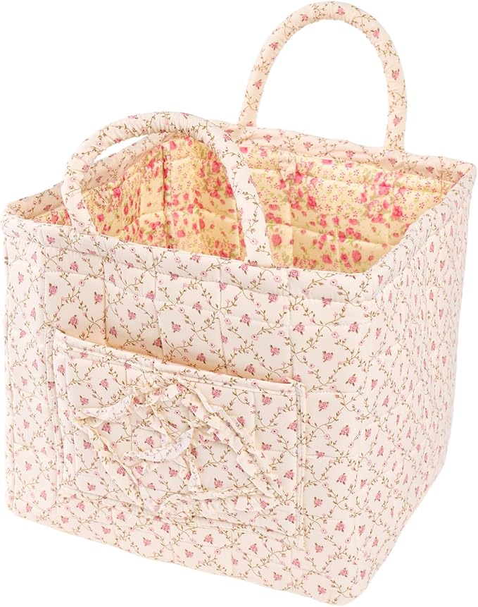 Quilted Fabric Car Storage Basket with Handles & Pocket, Foldable Laundry Hamper Boho Floral Print Organizer Bin for Home, Picnic, Office Nursery Cloth Toy 12"x10"x10" (Style B)