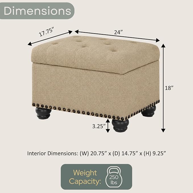 Convenience Concepts Designs4Comfort 5th Avenue Storage Ottoman 24" - Contemporary Foot Stool and Seat with Hinged Lid for Living Room, Dining Room, Office, Den, Tan Fabric