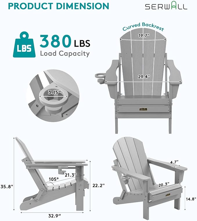 SERWALL Folding Adirondack Chair Set of 4, Weather Resistant HIPS Patio Chairs with Cup Holder for Garden Outdoors Fire Pit- Spanish Gray