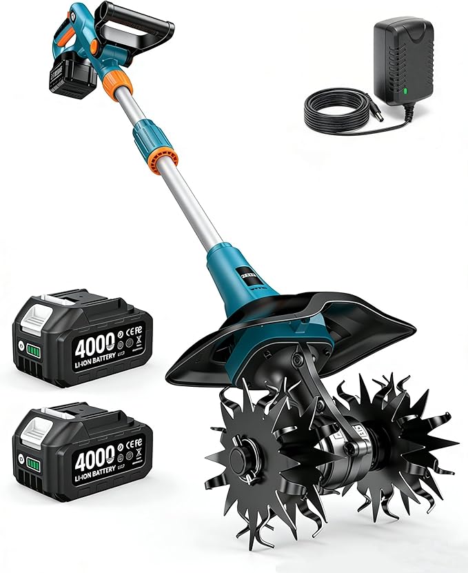 Cordless Tiller Cultivator for Gardening, 20V Electric Garden Rototillers with 2x4.0Ah Batteries, 9In Tilling Width,7In Depth, Adjustable Handle, Battery Powered Small Tiller for Soil/Cultivating/Lawn