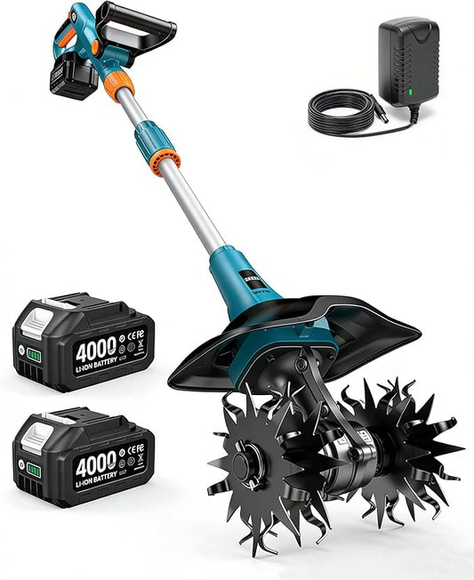 Cordless Tiller Cultivator for Gardening, 20V Electric Garden Rototillers with 2x4.0Ah Batteries, 9In Tilling Width,7In Depth, Adjustable Handle, Battery Powered Small Tiller for Soil/Cultivating/Lawn