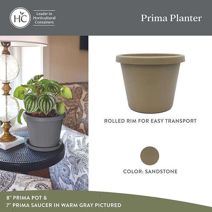 The HC Companies 8 Inch Prima Round Planter Pots with Drainage Holes and Rolled Rim, Lightweight UV-Resistant Plastic Indoor & Outdoor Planters, 4-Pack Flower Pots for Garden & Home Decor, Sandstone