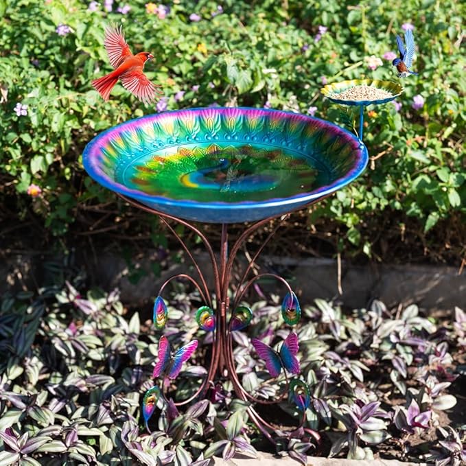 VEWOGARDEN 20" Dia Large Bird Bath for Outside, Metal Outdoor Birdbath with Stand & Feeding Tray for Garden, Yard, Patio Decor