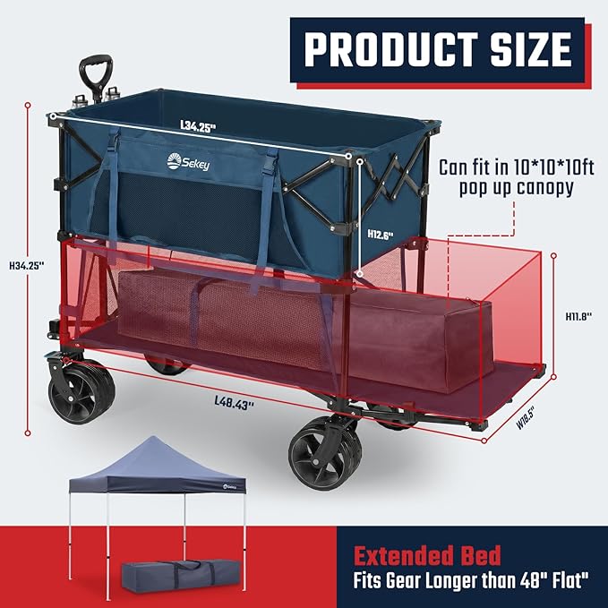 Sekey 500LBS Heavy Duty Double Decker Wagon with Extender, 400L Large Capacity Collapsible Garden Cart Fits 10x10 Canopy, All-Terrain Big Wheels with Brakes, Foldable Utility Wagon for Sports, Camping