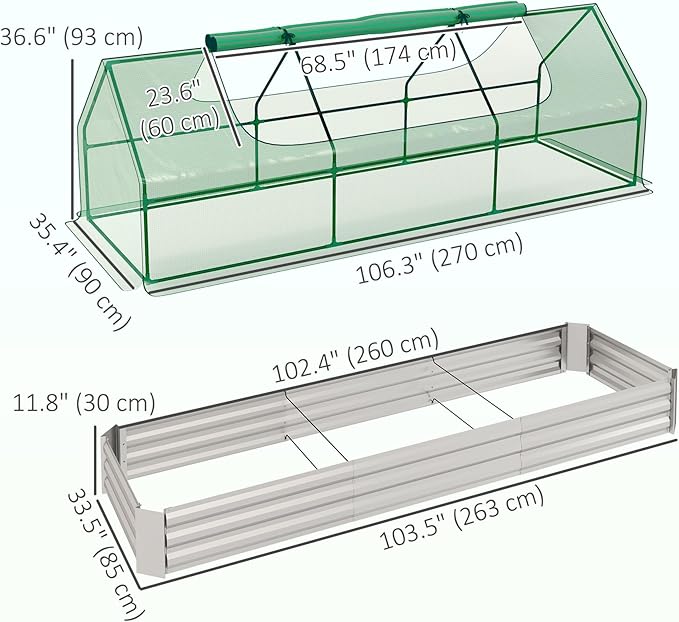 Outsunny 8.6 x 3 x 1ft Raised Garden Bed with Mini Greenhouse, Galvanized Raised Garden Bed with Cover for Herbs and Vegetables, Small Greenhouse for Patio Garden Balcony, Green and Silver