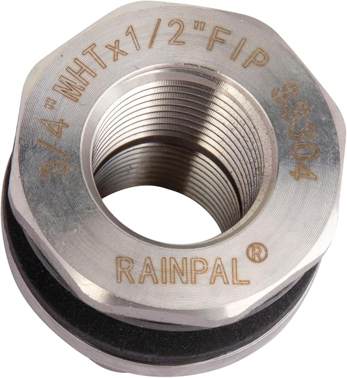 SSBF020 Stainless Steel 304 Bulkhead Tank Fitting (Double Female 1/2” NPT/FIP and Male 3/4" MHT Garden Hose Threaded, w/Step Gasket) (1)