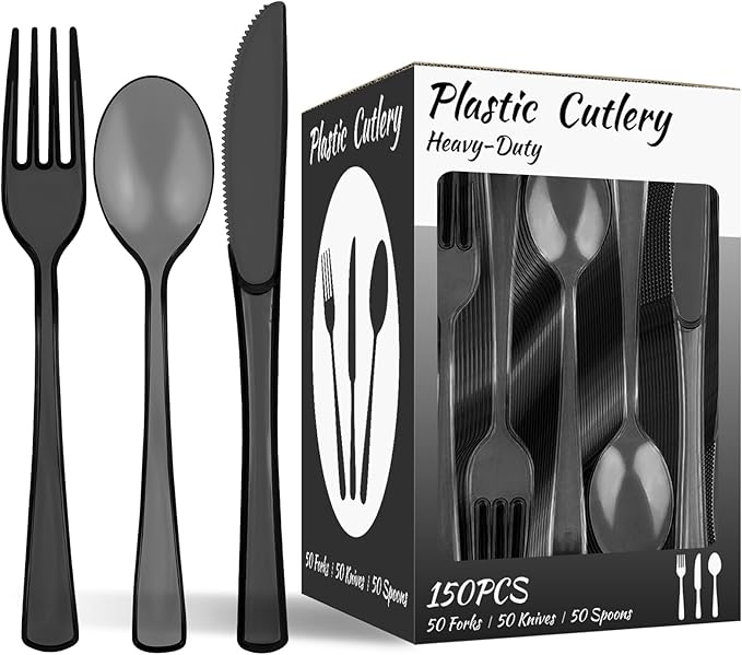 150 PCS Plastic Silverware Disposable Silverware Heavy Duty Utensil Sets 50 Of Each Forks Knives & Spoons Disposable Cutlery Set For Easter,Birthday,Baby Shower,Garden Party,Wedding(150,Black)