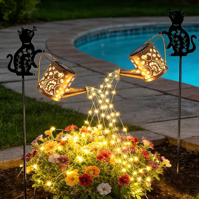 Solar Outdoor Garden Decorative, Watering Can with Light, Featuring Metal Cat Silhouette Garden Stake, Mother's Gift for Women, Waterproof Garden Decor (1 Pc Cat Watering Can Light)