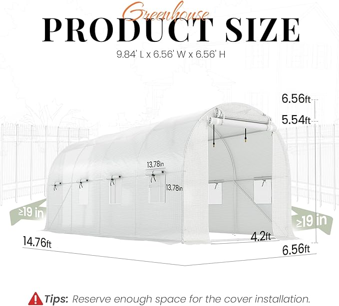 KING BIRD Premium 15x7x7 FT Greenhouse for Outdoors, Large Walk-in Heavy Duty Galvanized Steel Frame, Mesh Door Screen Window Tunnel Hoop Garden Plant Winter Hot House with Irrigation Kit, White