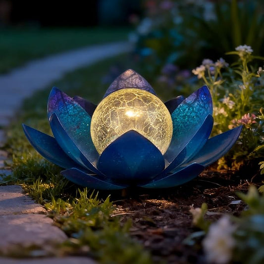 Huaxu Solar Lights Outdoor Garden Decoration Crackle Globe Glass Waterproof LED Metal Blue Lotus Flowers Gift for Mom,Women,Patio,Lawn,Walkway,Tabletop,Ground